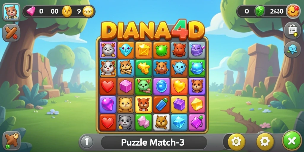 Tampilan antarmuka <strong>DIANA4D</strong> yang menarik dan fungsional untuk permainan Puzzle Match-3.